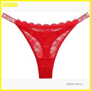 Lace Thong with Rhinestone Strap, Low Rise Cheeky Panty, Size Medium